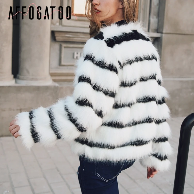 Afogafoo повседневное пальто с искусственным мехом, большие размеры, женские элегантные осенне-зимние куртки в полоску, уличная мода, женские теплые пальто