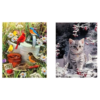 

2 Set Diy Diamond Painting Rhinestone Home Decor Square Diamond - Flowers and Birds & Cat Pattern on Snow
