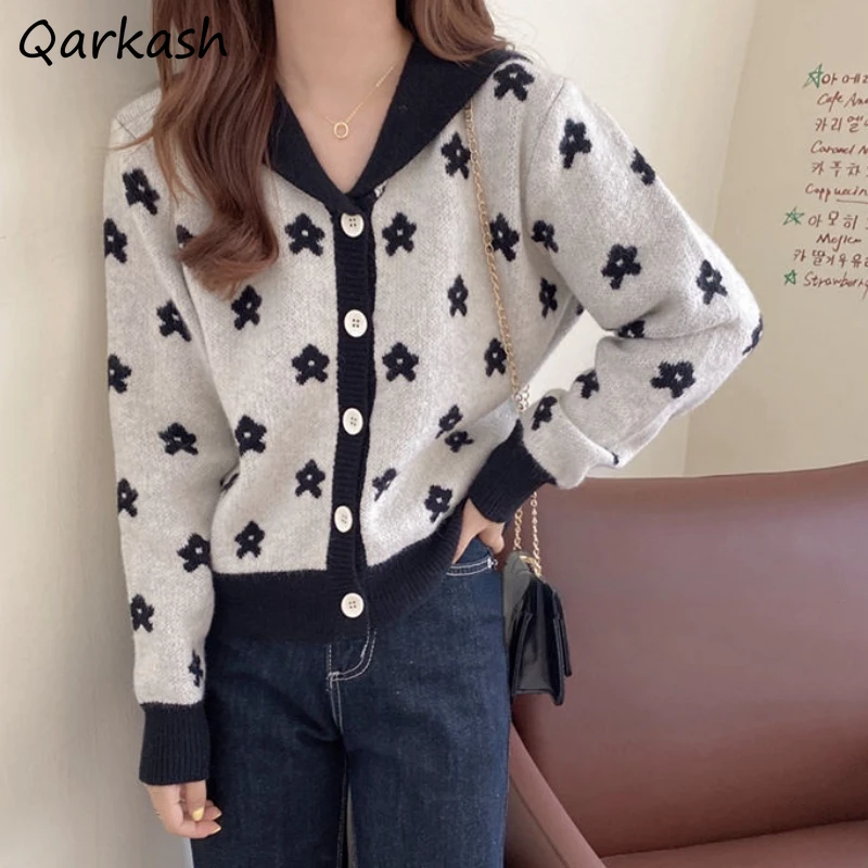 

Cardigan Women Floral Retro Ins High Street Student Autumn Soft Basic Stretchy Popular Fit Sailor Collar Female Korean Preppy