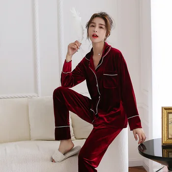 

Exquisite Velvet Women Pajamas Set Pyjamas Suit Elegant Solid Burgundy Sleepwear 2 Pcs Shirt&pant Casual Soft Nightwear Homewear