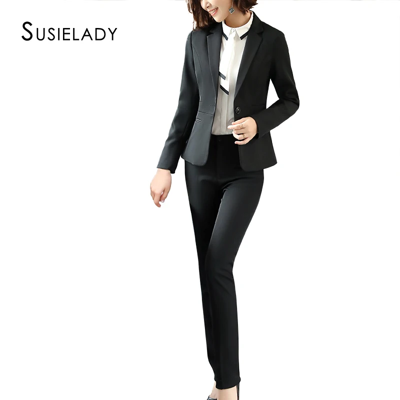 

SUSIELADY Women Pant Suit Solid One Button Work Suits for Women 2 Piece Set Office Business Set Trousers Suit Ladies Suits