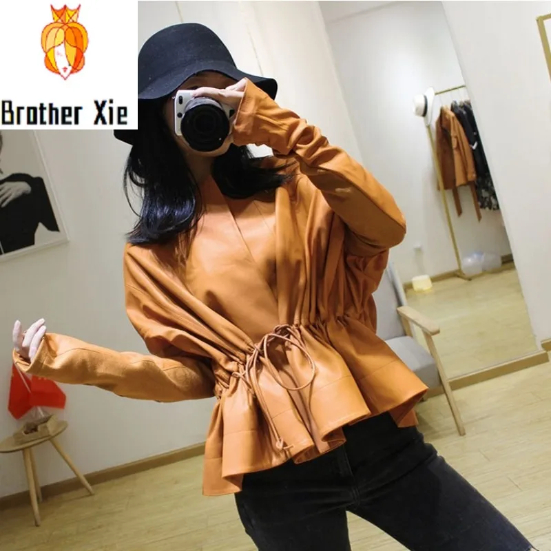 

New Women Black Genuine Leather Jackets Lambskin Leather Coats Jacket Drawstring Bat Sleeve Spliced Knitted Slim Short Outerwear