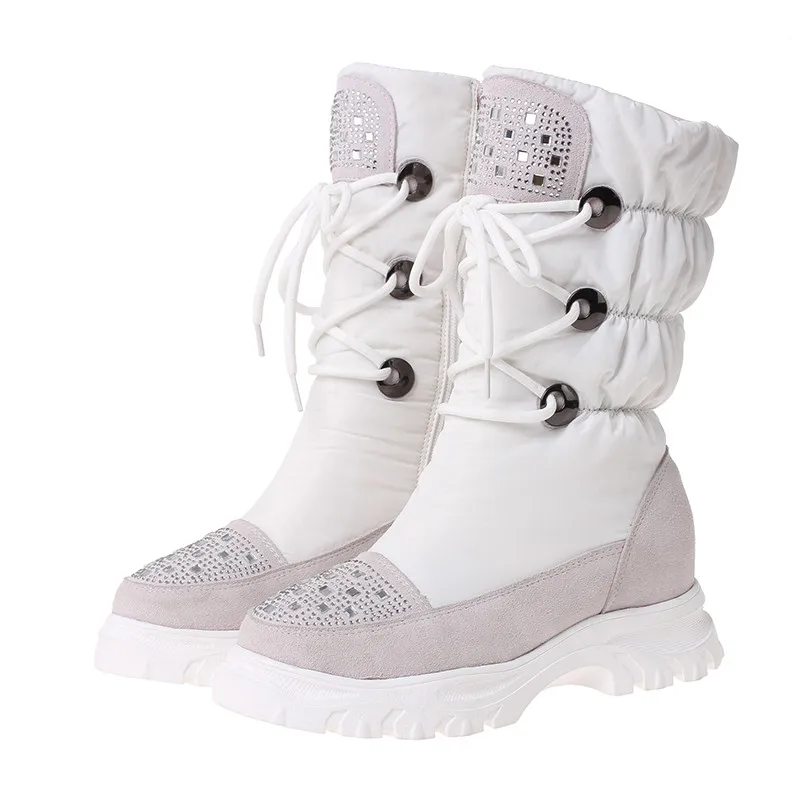 FEDONAS/женские брендовые зимние ботинки из коровьей замши с кристаллами; ботинки на плоской платформе; высококачественные теплые женские ботинки до середины икры; повседневная женская обувь - Цвет: Белый