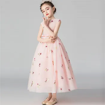 

Children Girls High-Quality Embroidery Flowers Pink Color Birthday Wedding Party Princess Long Dress Kids Teens Pageants Dress