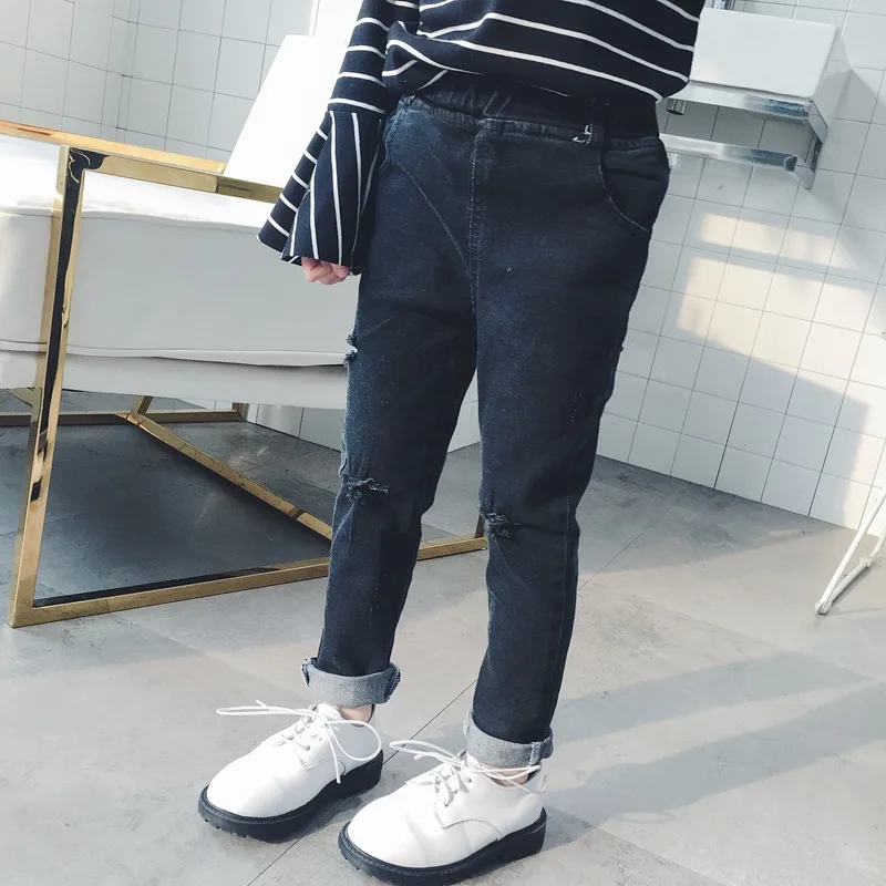 Spring Korean-style New Products Men And Women Children Solid Color Knee Tattered Sand Wash Jeans Fashion-Crawler