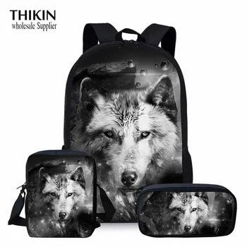 

THIKIN 3Pcs/set Students Bookbag Blue Wolf Print Kids Custom Children School Bags 3D Cool Animal Pattern Large Shoulder Backpack