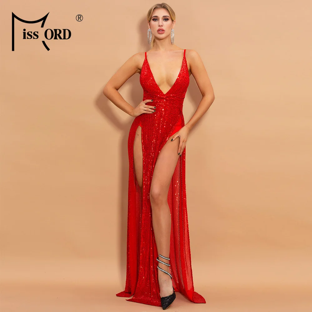 

Missord 2020 Summer Sexy Deep V Neck Spaghetti Strap Women Maxi Dresses High Split Backless Sequins Sleeveless Party Dress M0033