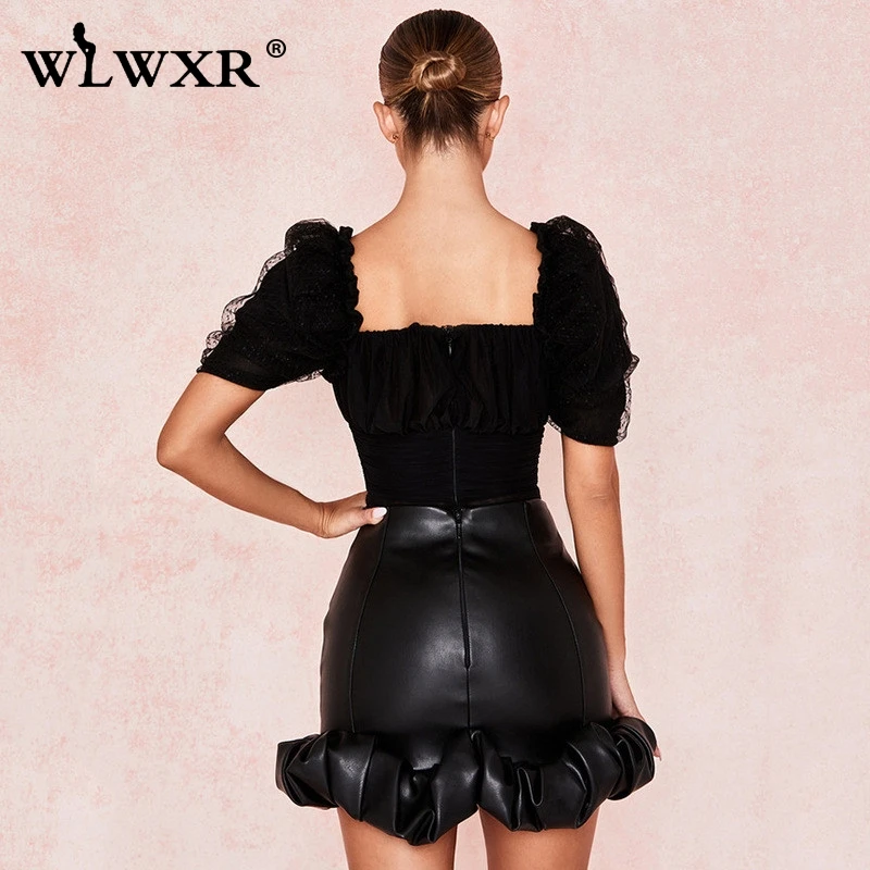 WLWXR, Сексуальные клубные женские юбки из искусственной кожи,, черная эластичная юбка с оборками и высокой талией, женская короткая юбка-карандаш