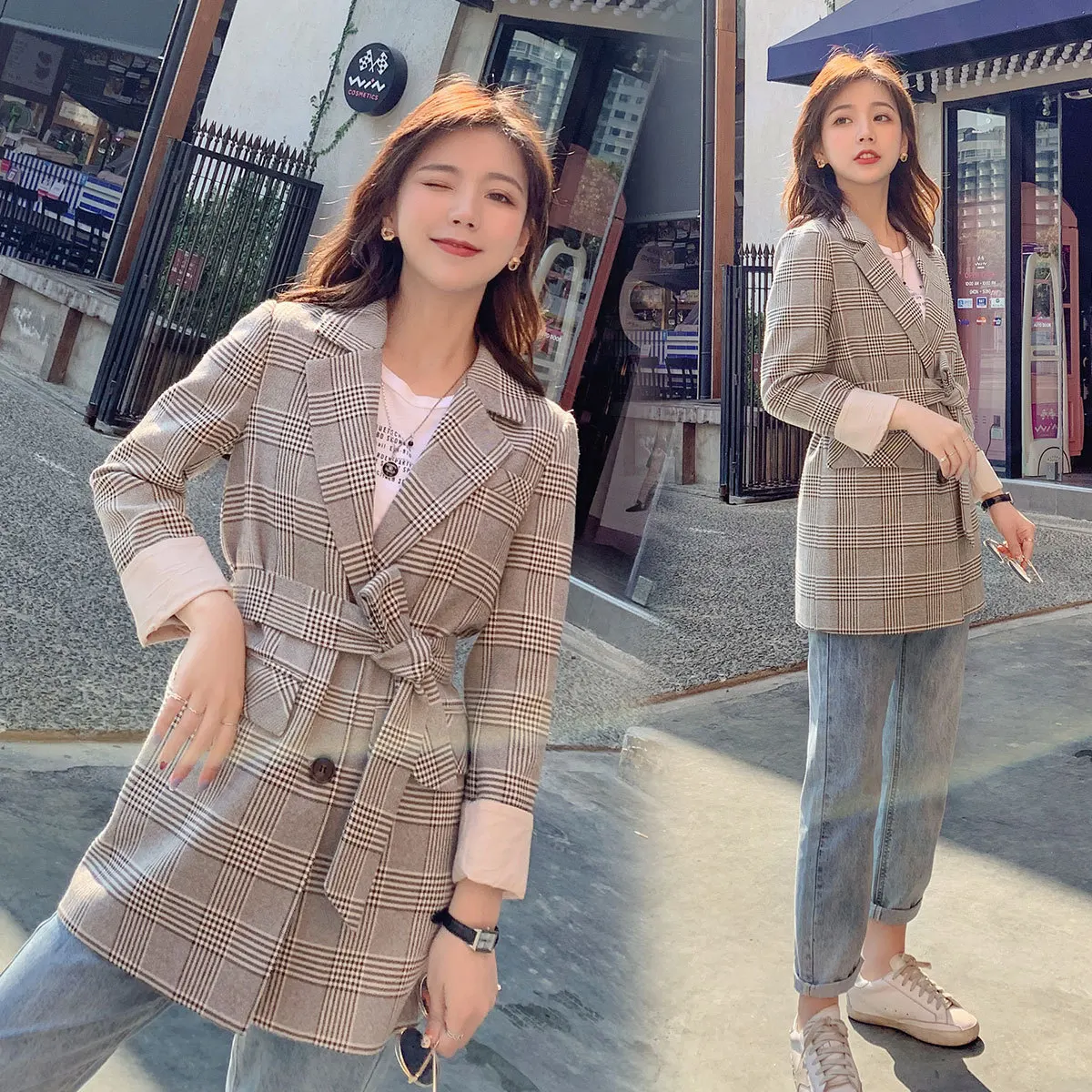 

2019 Autumn New Style Retro Hong Kong Style Belt Waist Hugging Slimming Plaid Small Suit Korean-style Casual Versatile Elegant S