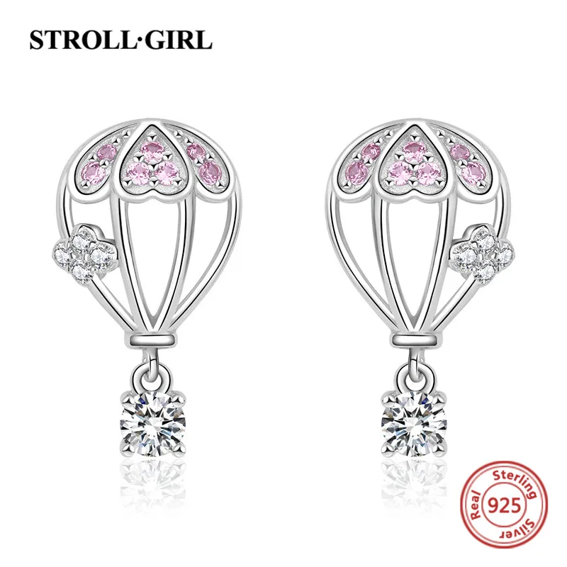 Strollgirl, 925 пробы, серебряные, полые серьги, милые, воздушный шар, серьги-гвоздики с розовым фианитом для женщин, модное ювелирное изделие, подарки