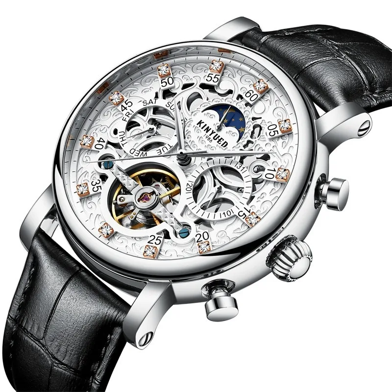 KINYUED Роскошные модные деловые часы, мужские Роскошные водонепроницаемые механические Автоматические часы, мужские повседневные кожаные часы