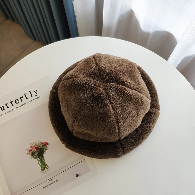 Litthing, зимняя флисовая шапка, меховая, толстая, теплая, Панама, шапки, повседневные, одноцветные, плоский верх, пушистый головной убор, шапка, женская шапка, Gorras - Цвет: Coffee