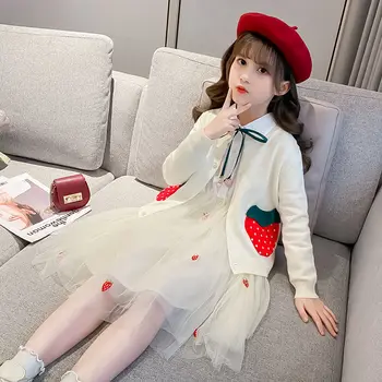 

Spring Fall Sweet Baby Girls Clothing Suits Children Bow Shirt Strawberry Dress+Cardigan Crop Top 2Pcs/Sets Fashion Kids Clothes