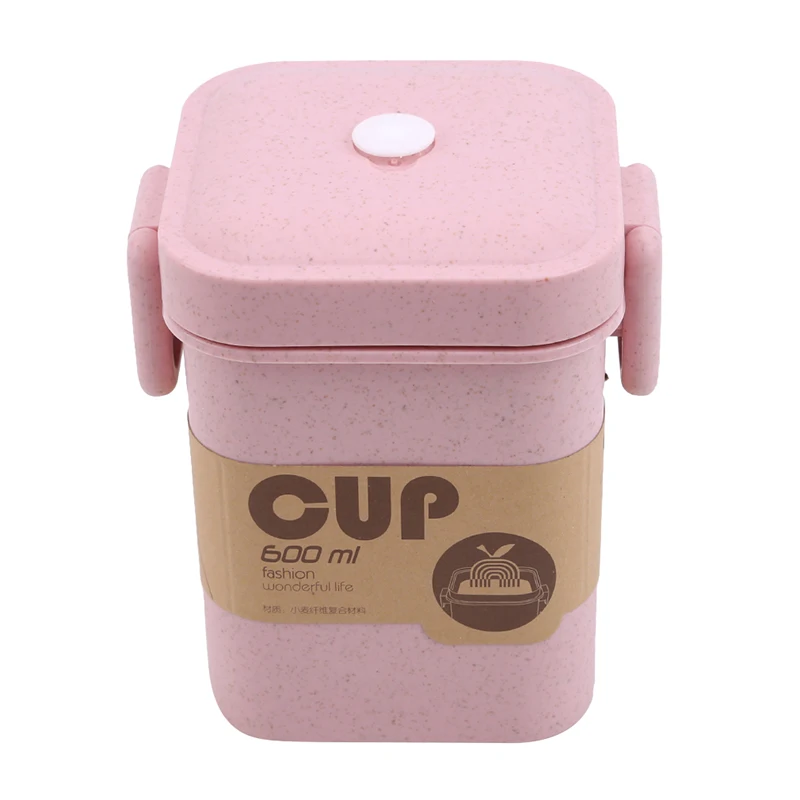 Multicolor Wheat Straw Soup Cup Anti-scalding Microwave Square Buckle Sealed Soup Tank Kitchen Tableware - Цвет: pink