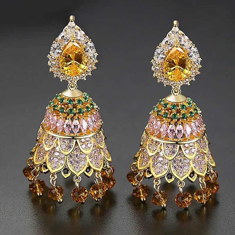 Модные Индийские Jhumka Jhumki висячие серьги AAA кубический циркон женские золотые бусы серьги этнические Свадебные вечерние Ювелирные изделия Подарки