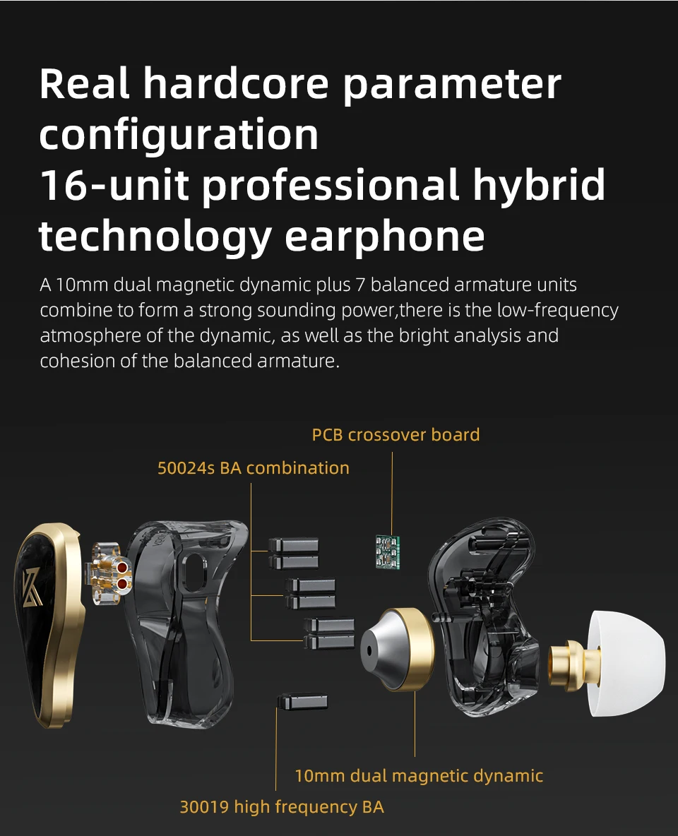 KZ ZAS 16-Unit Hybrid Technology Wired Earphones In-Ear HIFI Noise Reduction Earplug 8 Core Wire Headphones With Microphone