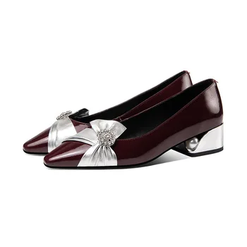

Bowknot single shoes women's spring new pointed low heels fashion leather pumps women's mid-heel