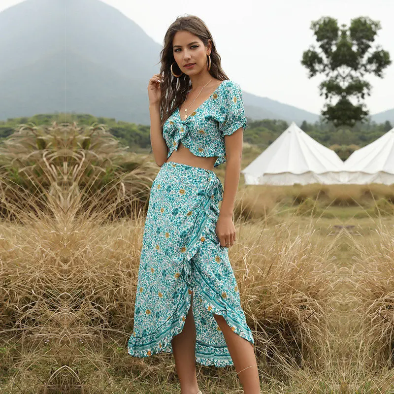 

Summer Bohemian Style 2 Pieces Set Women Short Sleeve Top Print Midi Skirt And Top Set 2020 New
