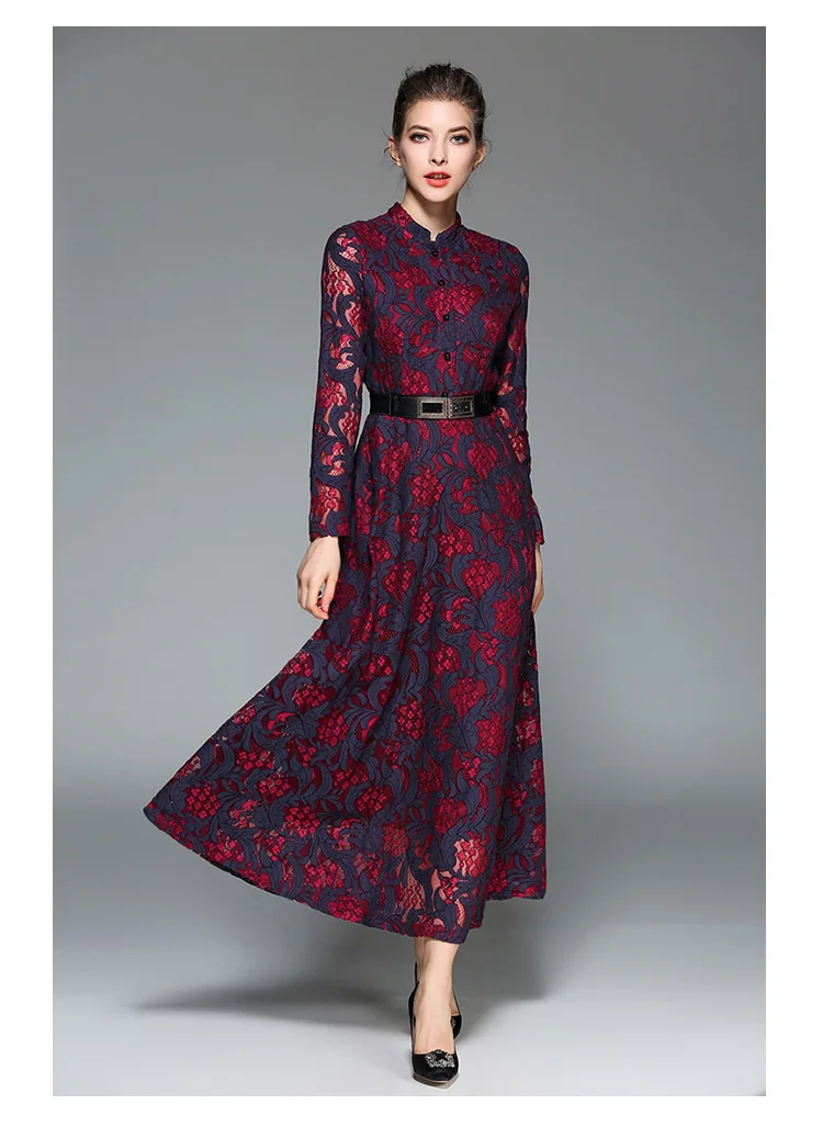 Женское Ретро жаккардовое Кружевное платье макси, платье Hiver Vestido Longo, винтажное большое Свободное длинное вечернее платье, платье Longue K8049 - Цвет: Фиолетовый
