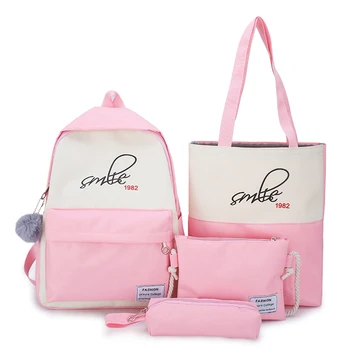 

4pcs Fashion Letters Hit Color Women Backpack Canvas Casual Shoulder Bags Travel Rucksacks School Student Clutch