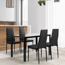 Ensemble de Table à manger en verre trempé, 4 chaises en Faux cuir, noir, 5 pièces