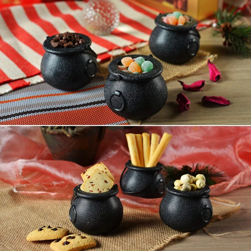 Nrpfell 24 Pack Plastic Black Witch Candy Bowls Cauldrons,Pot with Handle Easter St Patricks Day Party Favors for Halloween 