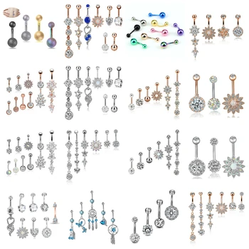 

1Set Sexy Belly Bars Belly Button Rings Belly Piercing CZ Crystal Flower Rhinestone Body Jewelry Navel Piercing Rings