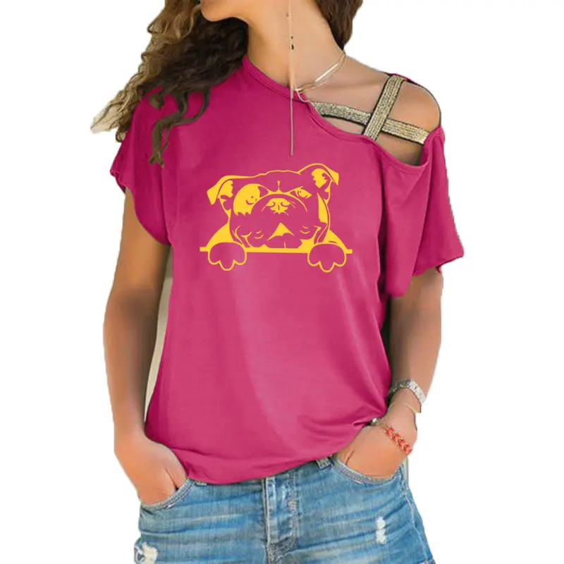16 Новинка, футболка с английским бульдогом, Женская хлопковая футболка с коротким рукавом для девочек, футболка для питомцев, собак, бульдогов, футболка с неровным перекосом, футболка с перекрестной повязкой - Цвет: 16