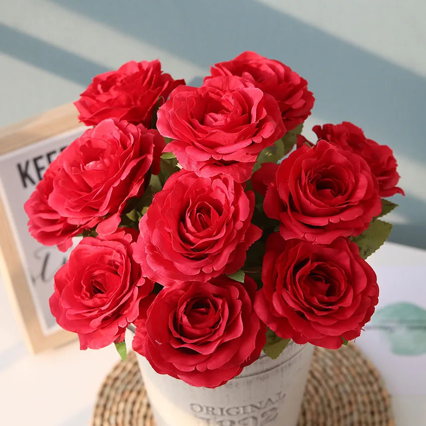 1 шт. 12 цветочных головок Свадебные розы Букет декоративная ваза искусственный цветок ветка растение Шелковый цветок для декора дня рождения - Цвет: as picture color