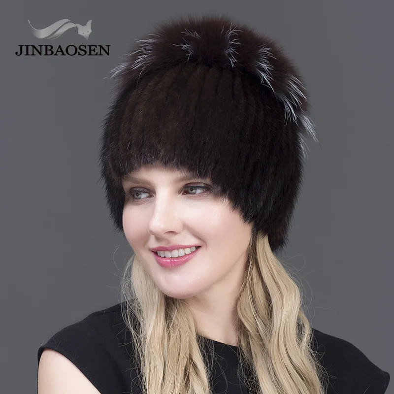 JINBAOSEN горячая Распродажа модные зимние теплые женские вязаные шапки норковые шапки с лисьим мехом вертикальный тканый Топ