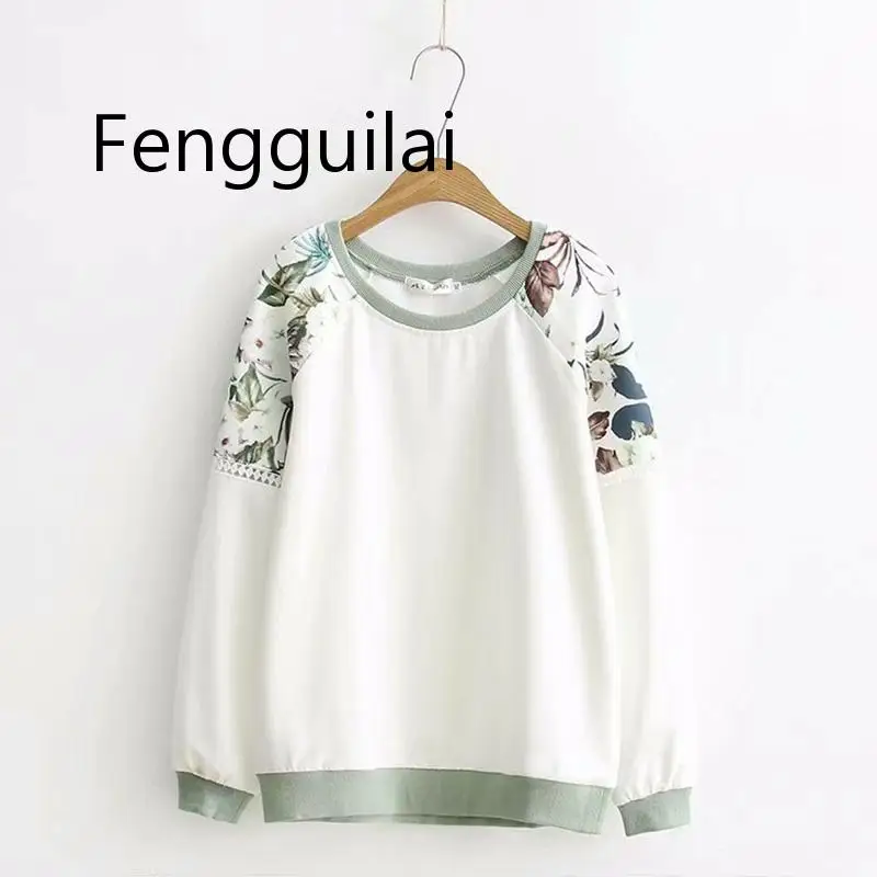 FENGGUILAI Весенняя Повседневная Толстовка с цветочным принтом для женщин; большие размеры 3XL 4XL с круглым вырезом; серый свитер с длинными рукавами; сезон весна-осень