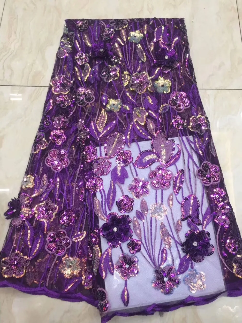 purple african lace fabric high quality lace french tulle mesh fabric with sequin nigerian swiss lace fabrics for dress FFD-102