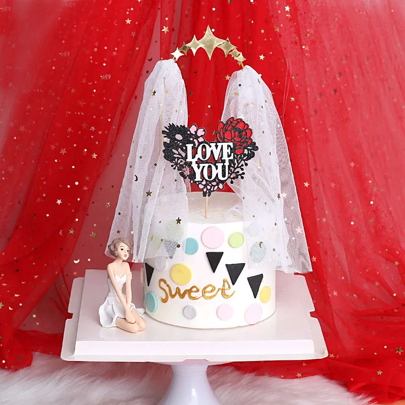 

INS "LOVE YOU" Wediing Acrylic Cake Topper Rose Flower Valentine's Day Cake Topper Supplies for Wediing Party Cake Decorations