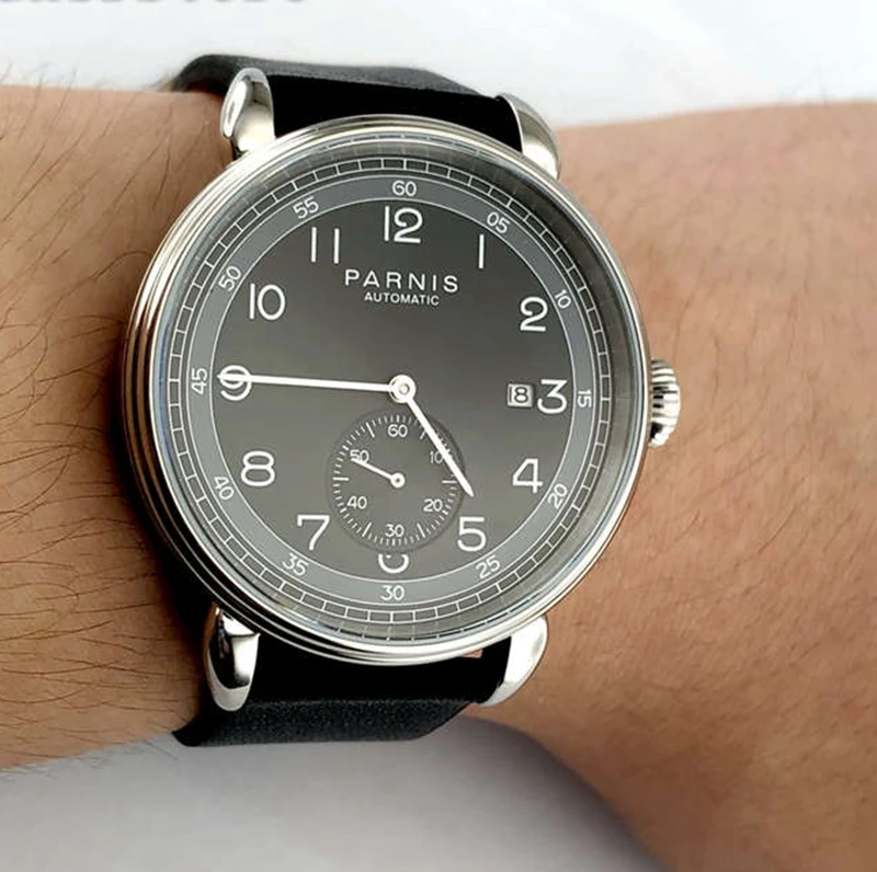 

42mm top brand Parnis 2019 men's new mechanical watch silver case date leather automatic fashion gift watches