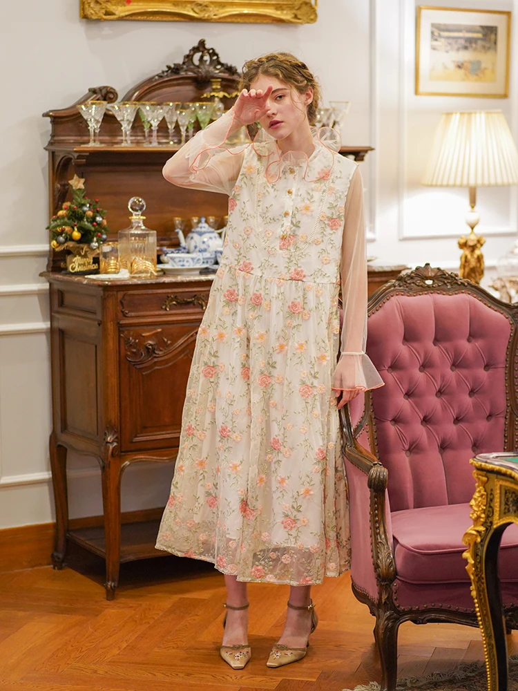 

Spring Summer Original Design Women Handmade Beading French Vintage Flower Exquisite Embroidery Mori Girls Loose Ruffle Dresses