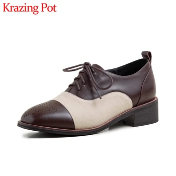 

Krazing pot hot sale mixed colors cow leather square toe med heel shoes women British school daily wear lace up women pumps L03
