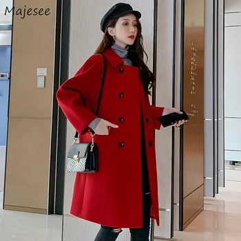 

Blends Women Winter Woolen Overcoat Long Solid Ladies Elegant Warm All-match Korean Style Chic Womens Clothing Harajuku Fashion