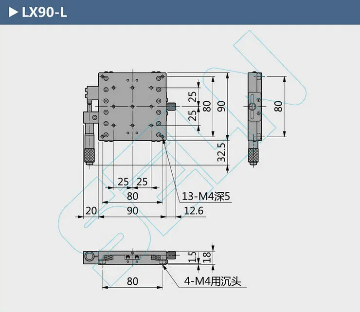 X-осевой LX90-L поперечный роликовый направляющий передвижной платформой Высокая точность тонкой настройки ручной регулируемый