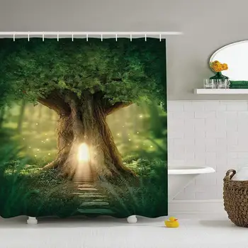 

Magical Forest Tree Shower Curtain, Magic Fairytale Woodland Forest Tree Montain Polyester Shower Curtain Set with Hooks for