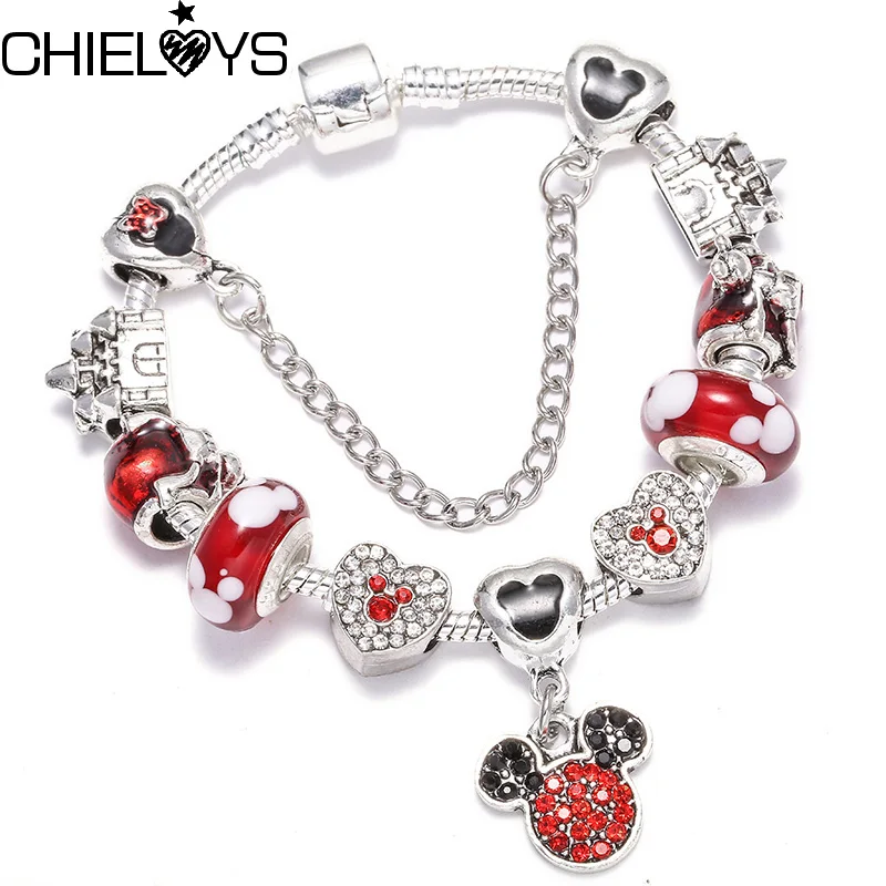 

CHIELOYS Authentic Silver Crystal Brand Charm Bracelet With Mickey Murano Glass Beads Bracelet For Women DIY Original Jewelry