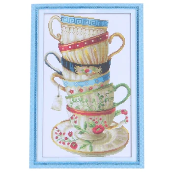 

DIY Handmade Needlework Cross Stitch Set Embroidery Kit 14CT Coffee cups Pattern Cross-Stitching 28*42cm Home Decoration