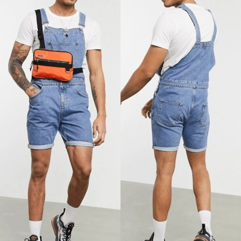 

Men Casual Pocket Decor Short Jumpsuit Overalls Summer Fashion Denim Bib Pants Summer Men Street Wear D30