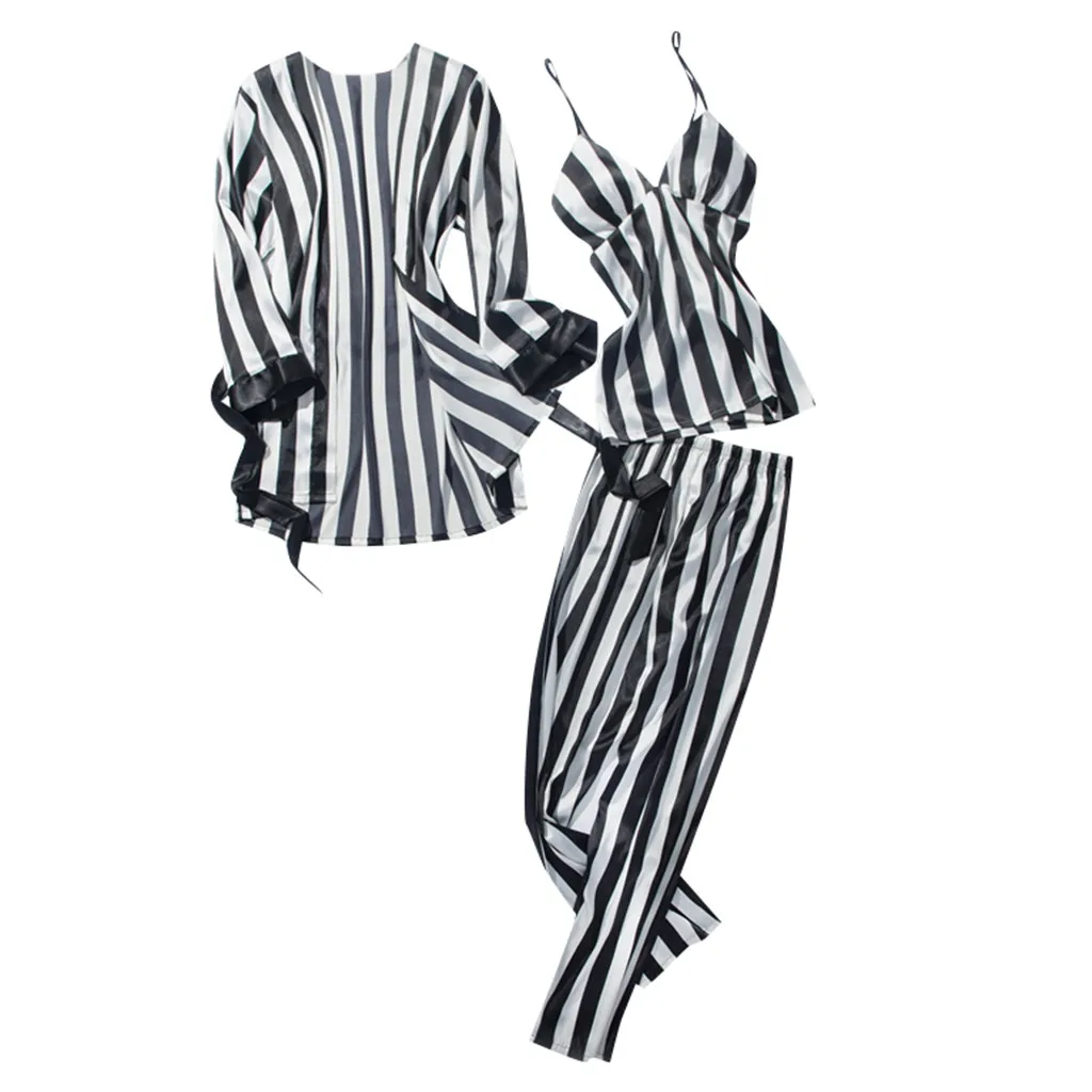 Пижамы для женщин, женская модная полосатая одежда для сна, длинные брюки с длинным рукавом, одежда для сна, комплект из 3 предметов, домашняя одежда, Pijama Mujer OY41 - Цвет: a