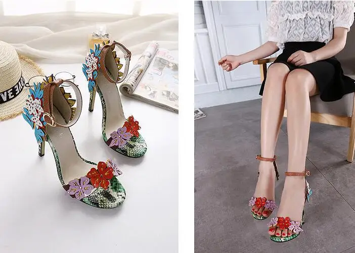 

2019-Ultra-High-Heel Banquet Flower Snakeskin 11 Cm Flower High-heeled Sandals Have 35-40 Code