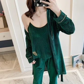 

3PCS Sleep Set Women Velvet Green Nightwear Velour Sexy Pajamas Set Sleepwear Female Long Sleeve Home Clothing Intimate Lingerie
