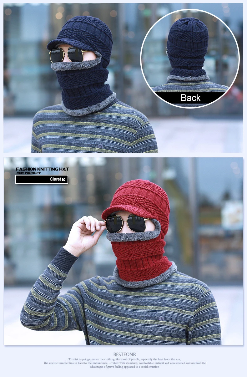 Men Winter Knitted Cap Scarf Set Skullies Autumn Winter Warm Soft Comfortable Man Beanies Thicken Windproof Mens Outdoor