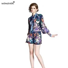 Aliexpress - Spring Autumn Fashion Runway Suits for Women Lantern Sleeve Print Top Shirt with Shorts 2 Piece Matching Set Holiday Outfits