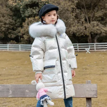 

Winter new children's down long coat Natural fox fur collar Girls pink waterproof down jacket Girls thick & warm winter clothes