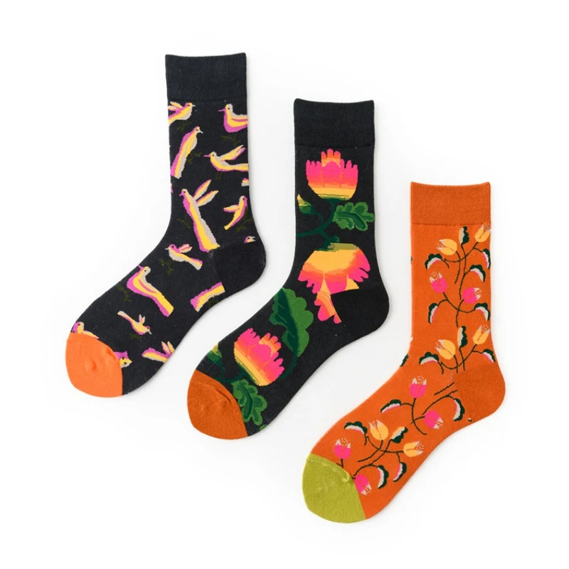 Bird Pattern Harajuku Flower Socks Women Funny Cotton Dress Casual Wedding Socks Colorful Novelty Skateboard Socks