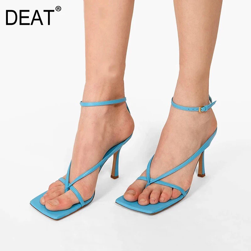 

[DEAT] 2019 Square Toe Shallow Cowhide Narrow Band Personality Thin High Heels Sandals Women New Spring Summer Tide 10D581